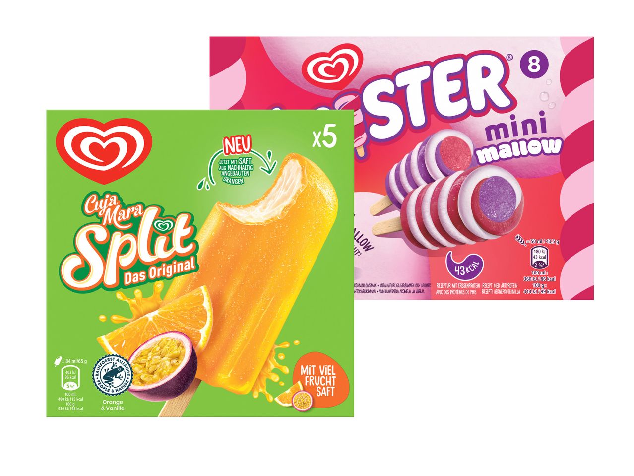 Zwei Eis am Stiel Packungen: ein Split und ein Meister Mini-Eis.