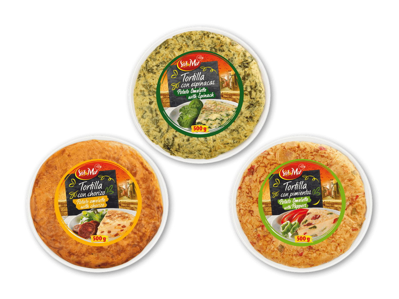 Tre spanske kartoffelomeletter: en med chorizo, en med spinat og en med peberfrugt, alle 500g.