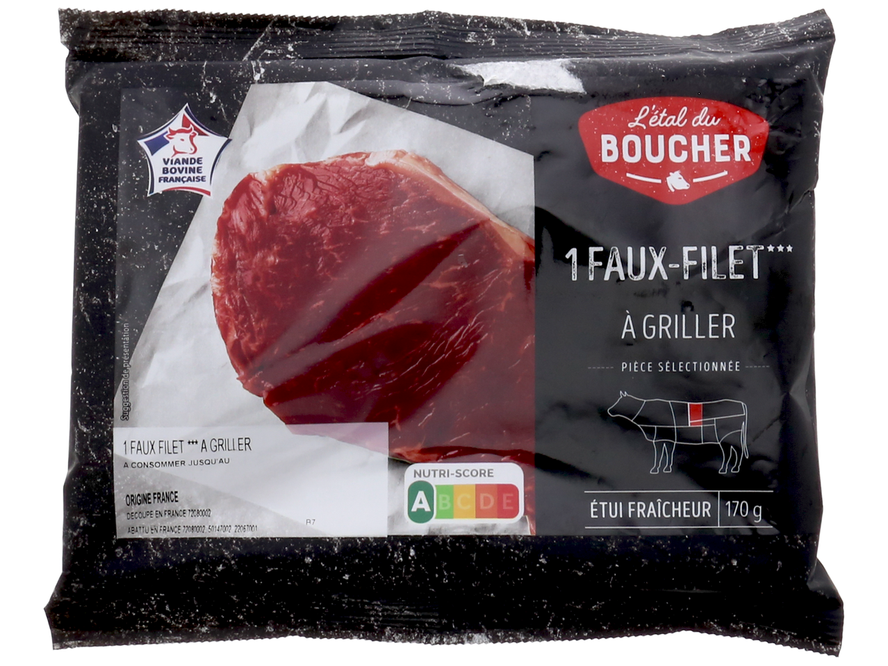 Un paquet de faux-filet de bœuf à griller, avec le Nutri-Score A et un poids de 170g.