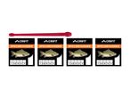 Røde fiskekroge og fire pakker med specimenkroge i forskellige størrelser, med karpeillustrationer.