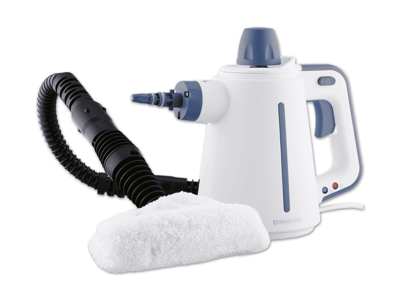 Weißer Handdampfreiniger mit blauem Akzent, schwarzem Schlauch und weißem Mikrofaserpad.
