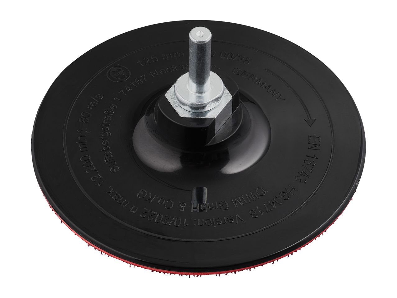Black sanding pad with a metal shaft, displaying specifications like 125 mm, 80 m/s, and 12,200 rpm.