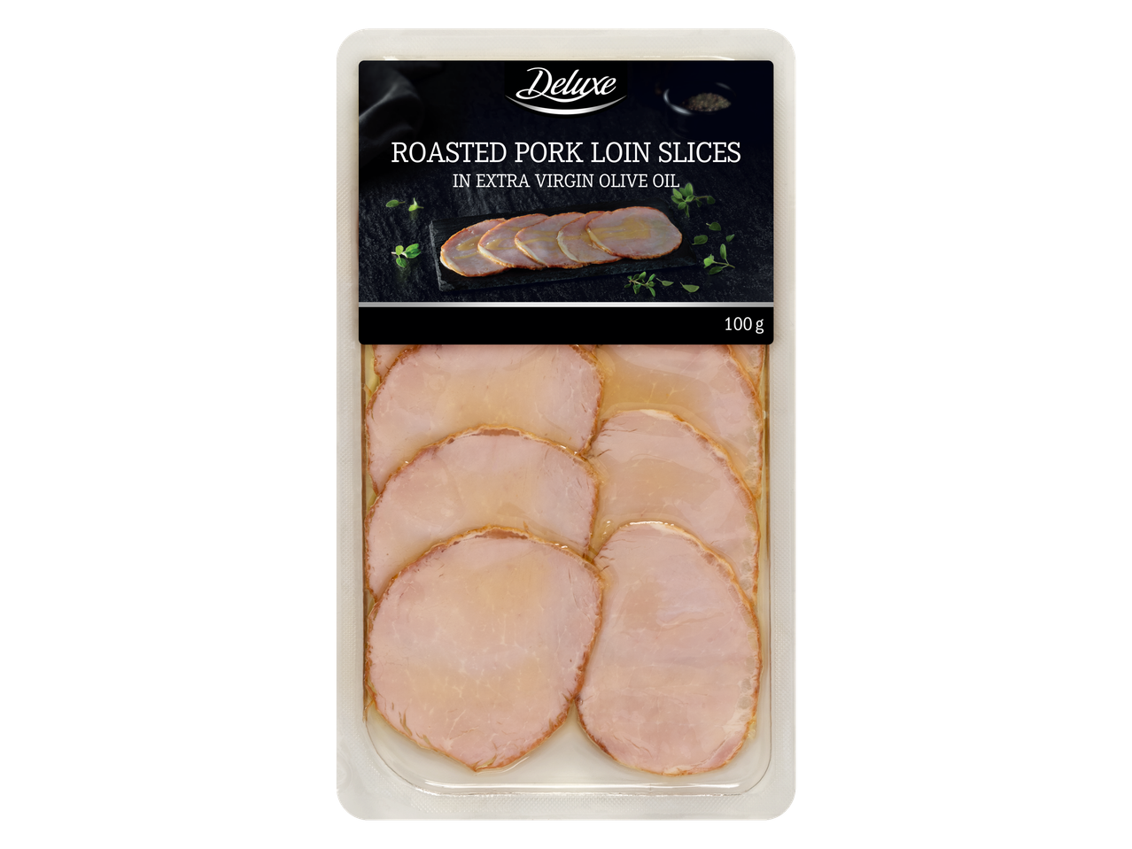 Deluxe cūkas filejas cepetis šķēlēs olīveļļā, 100 g iepakojums