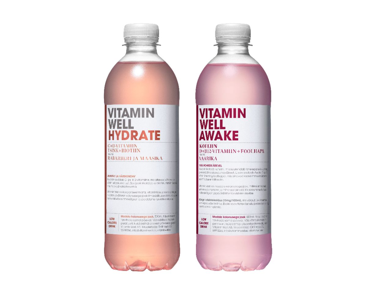 Vitamin Well Hydrate ja Awake madala kalorsusega joogid maasika ja vaarika maitsega.