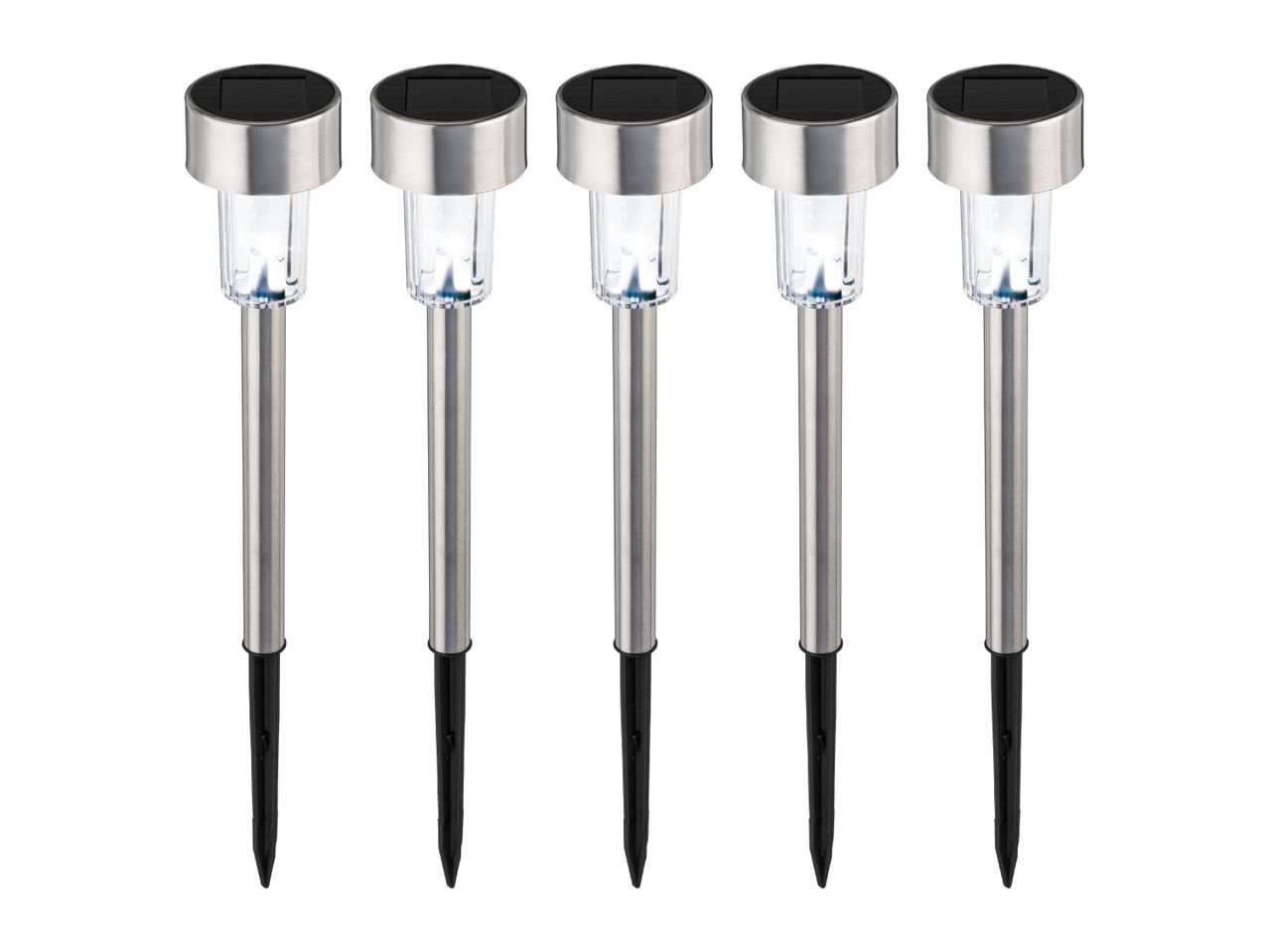 Five solar-powered garden path lights with stainless steel and clear plastic casing.