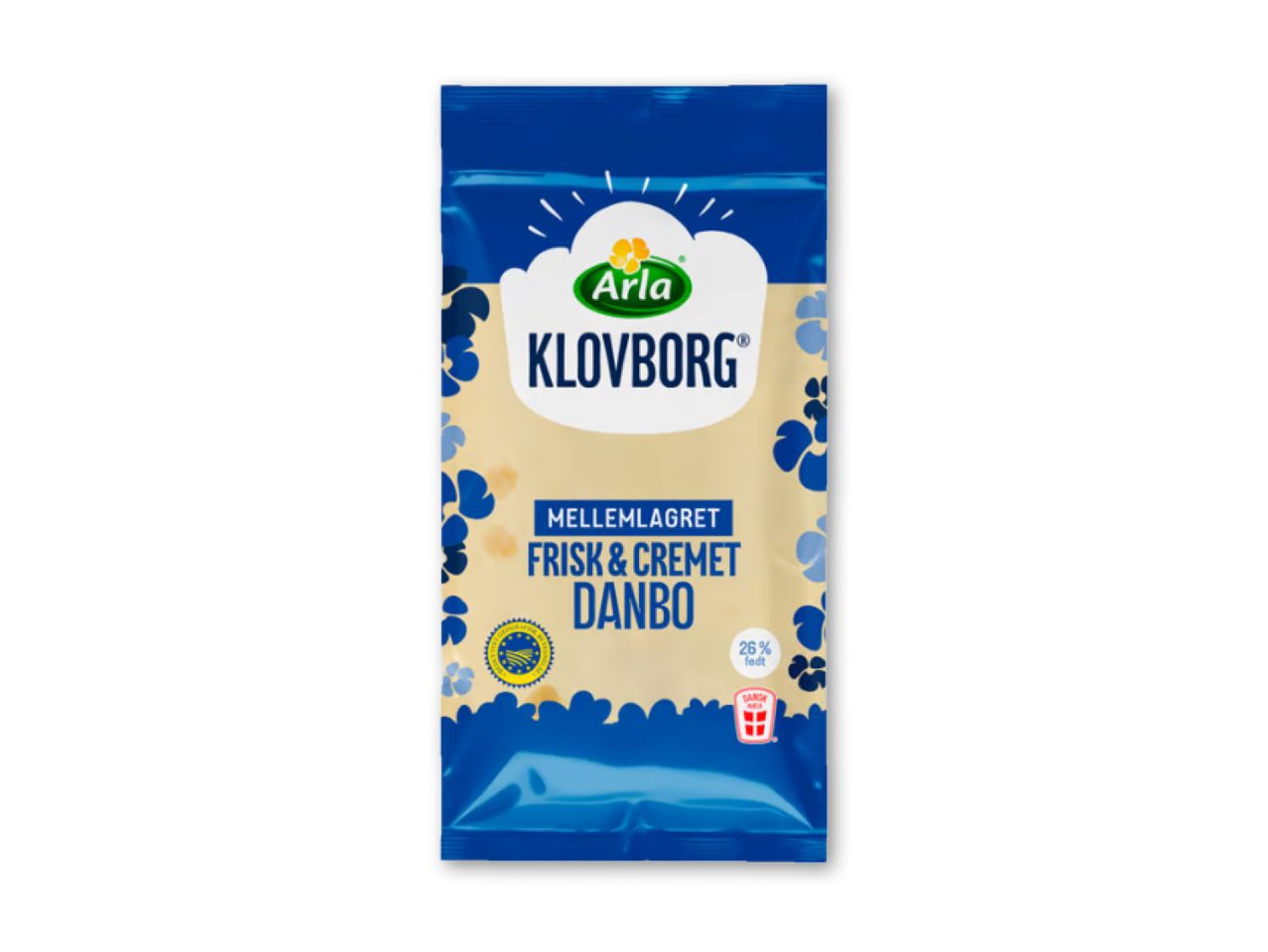 En pakke Arla Klovborg Danbo ost, mellemlagret, frisk og cremet.