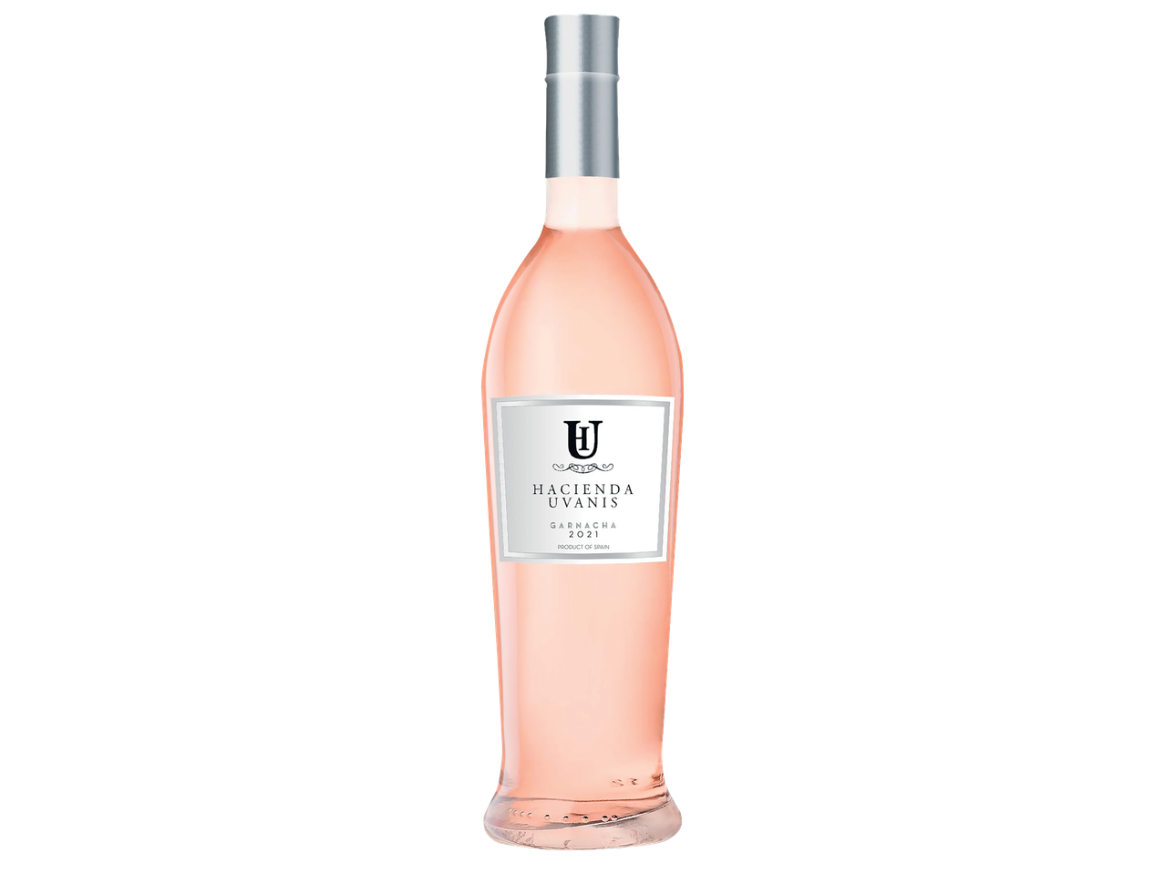 Бутилка розе вино с бял етикет, на който пише „Hacienda Uvanis Garnacha 2021 Product of Spain“