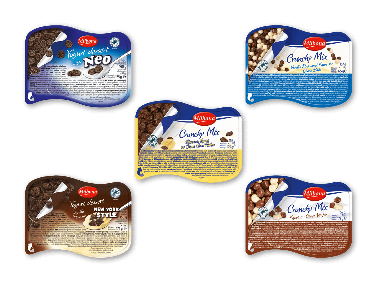 Fem yoghurtprodukter med forskellige smagsvarianter og toppings, herunder Neo, Crunchy Mix med banan og choco cornflakes, Crunchy Mix med vanilje og choco balls, New York Style med vaniljesmag og Crunchy Mix med yoghurt og choco wafer.