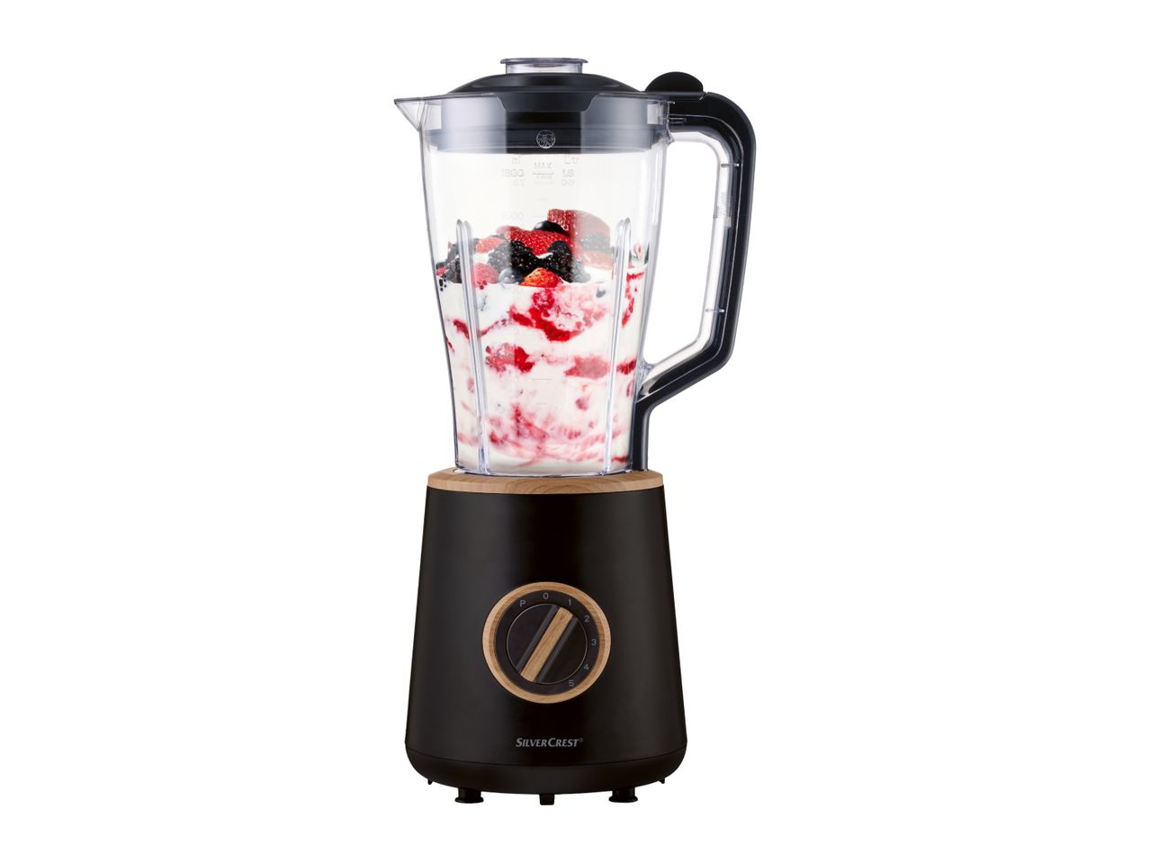 Black blender with a wooden base, filled with berries and yogurt, on a white background.