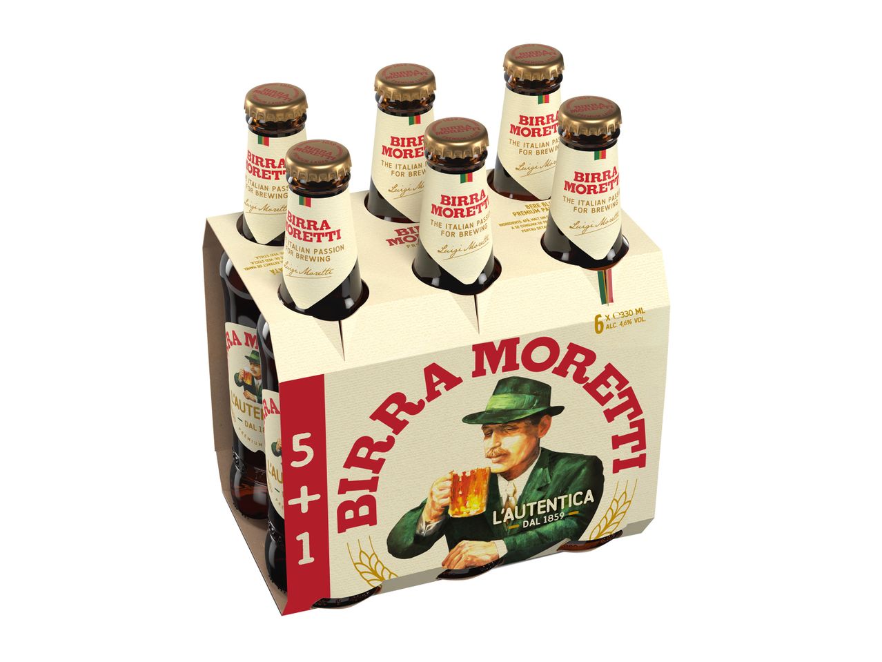 Un set de șase sticle de bere Birra Moretti.