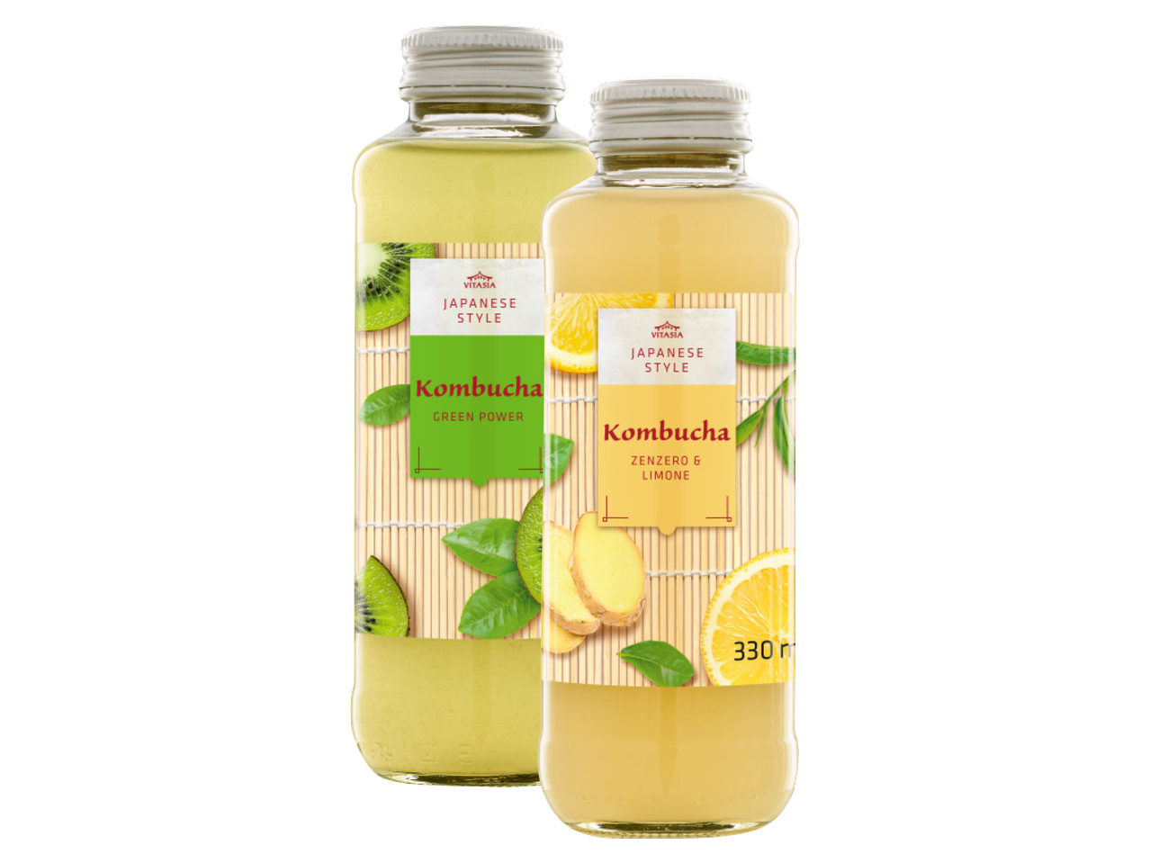 Due bottiglie di kombucha VitAsia: Green Power e zenzero e limone.