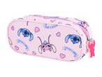 Pink pencil case with blue and pink alien characters, hearts, and a banner reading 'STITCH & ANGEL'.