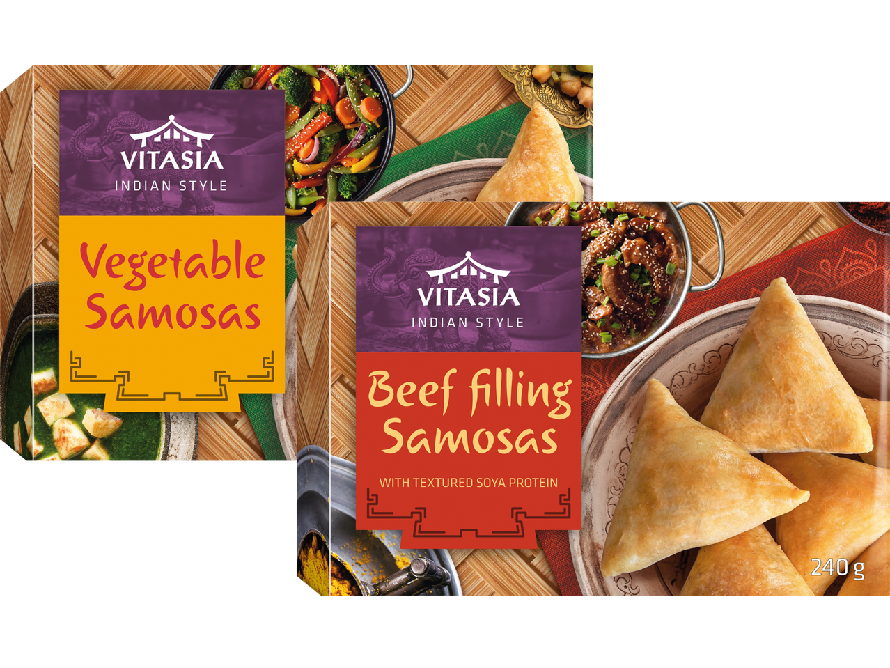Vitasia indiska Samosas: vegetariska och med nötfärsfyllning.