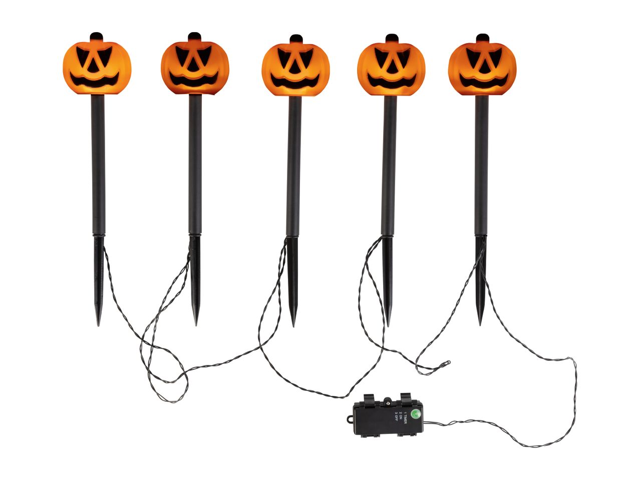 Five Halloween pumpkin pathway lights with a timer box and wires.