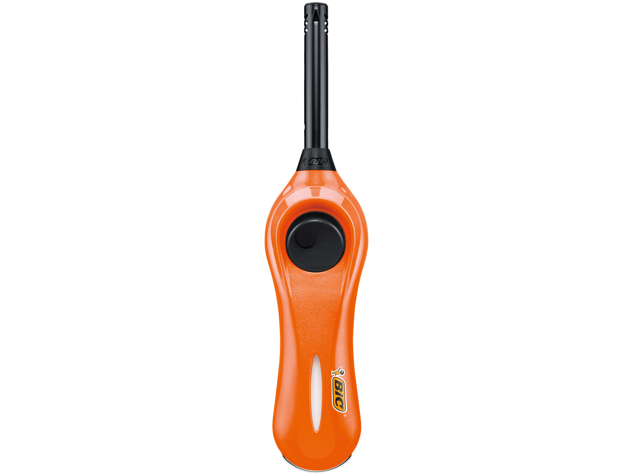 Allume-gaz de cuisine orange avec poignée noire et logo.