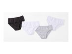 Three pairs of women's cotton panties in black, white, and gray.
