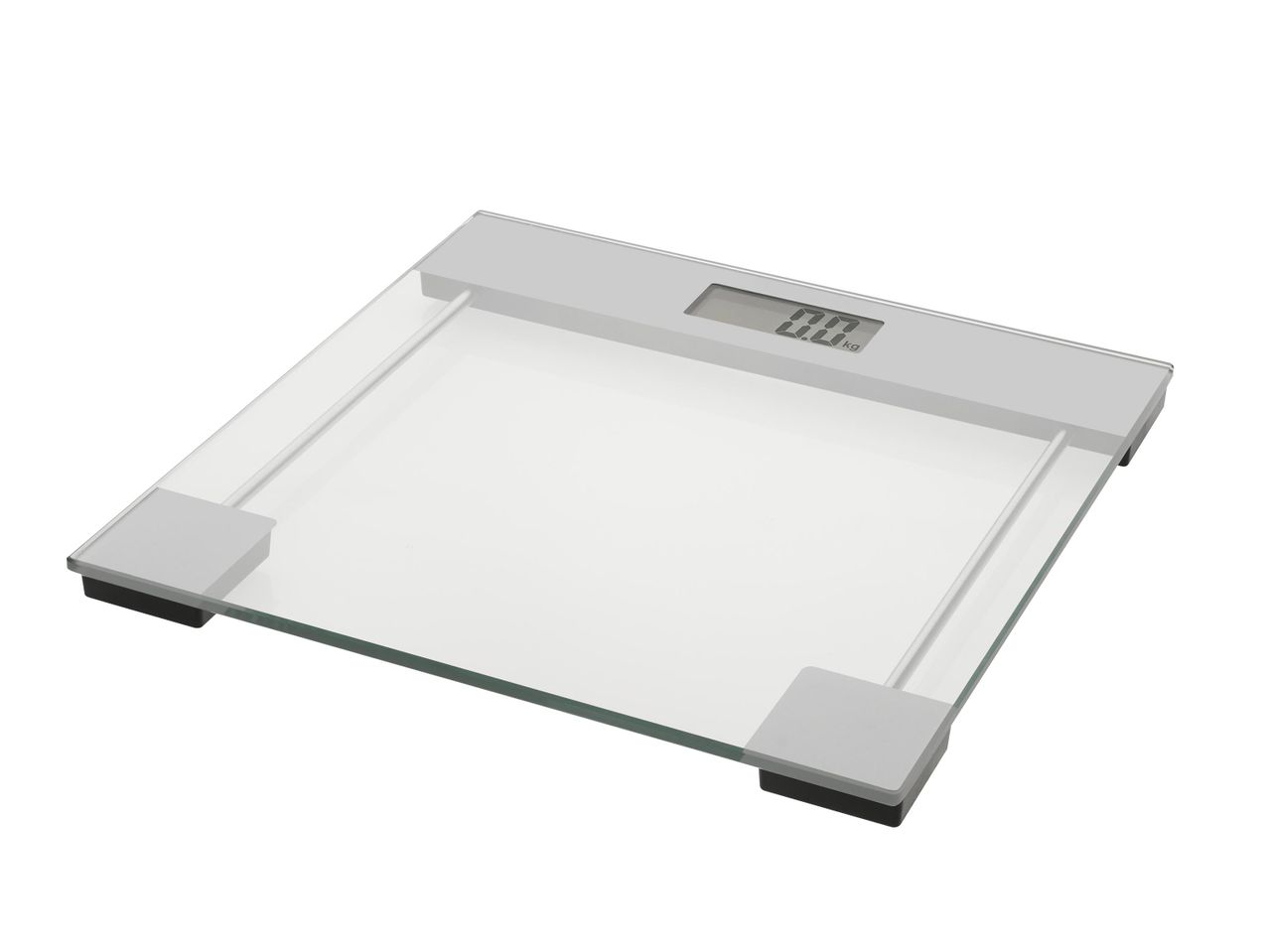 Üvegfelületű, digitális kijelzős mérleg, 0.0 kg-ot mutat.