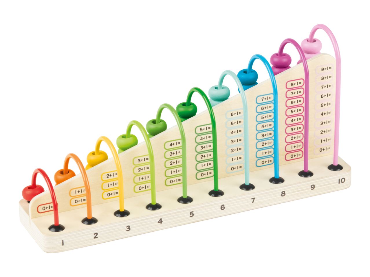 Wooden abacus with colorful beads and addition problems from 0+1 to 9+1.