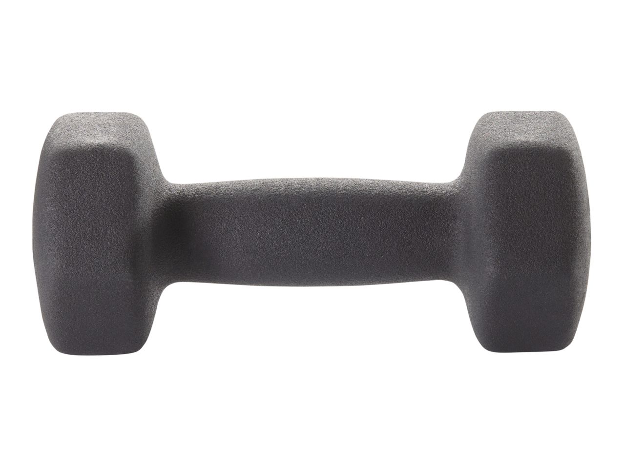 A single black dumbbell with a textured surface.