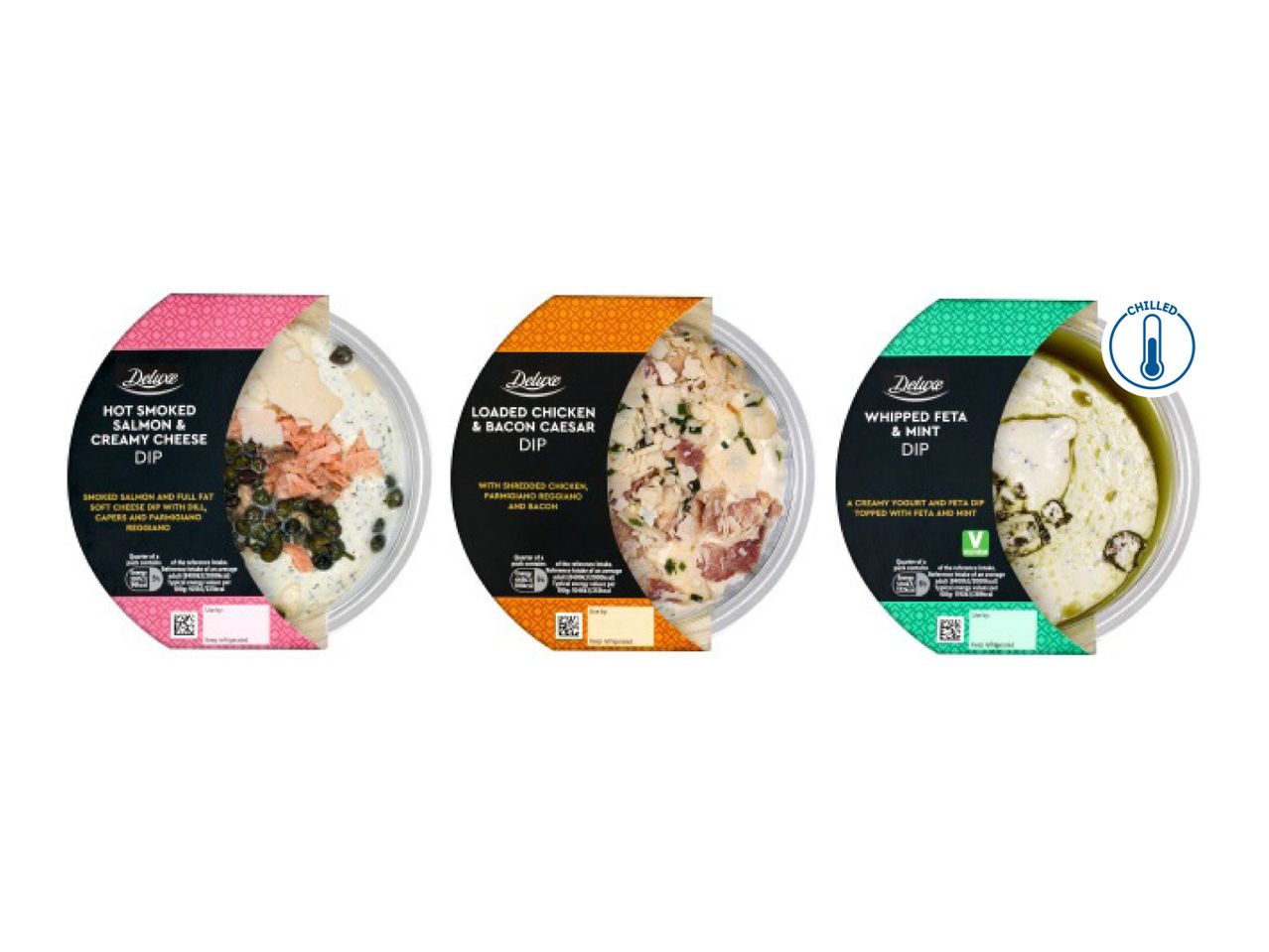 Three chilled dips: hot smoked salmon & creamy cheese, loaded chicken & bacon caesar, and whipped feta & mint.