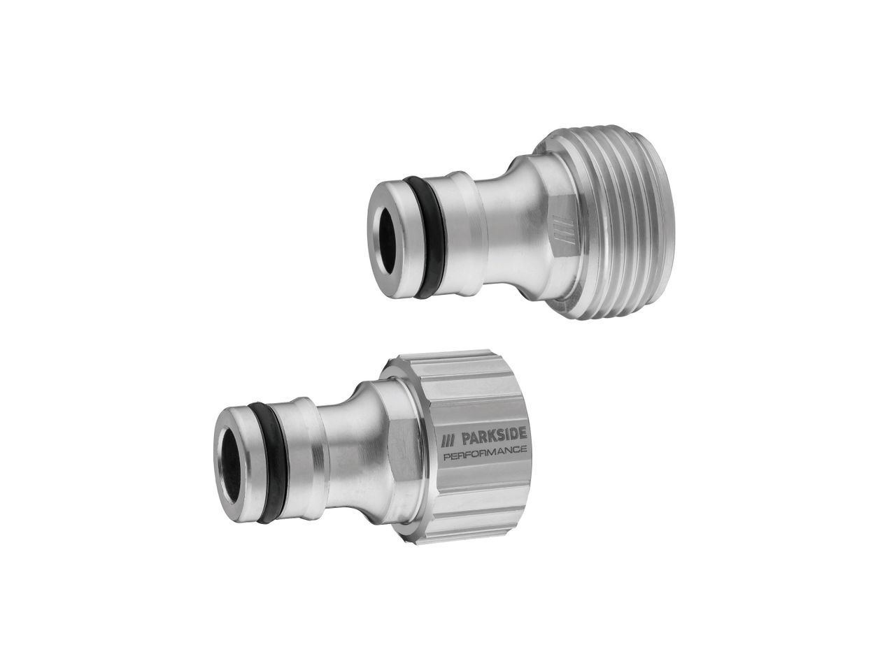 Zwei silberne Schlauchanschlüsse mit schwarzen Dichtungsringen