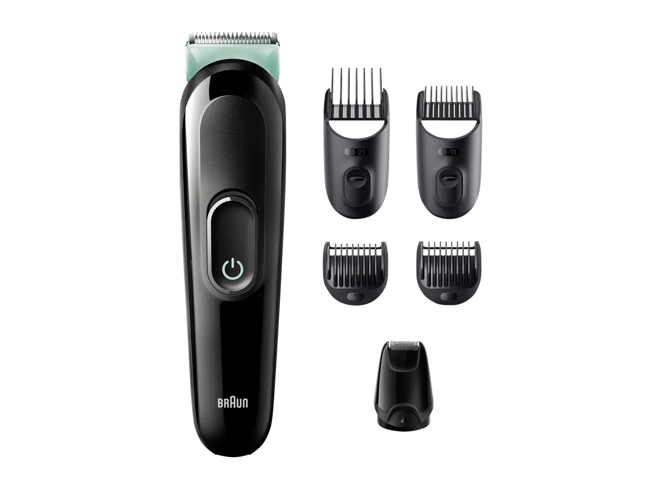 Tagliacapelli regolabarba Braun con rifinitore nero e accessori multipli.