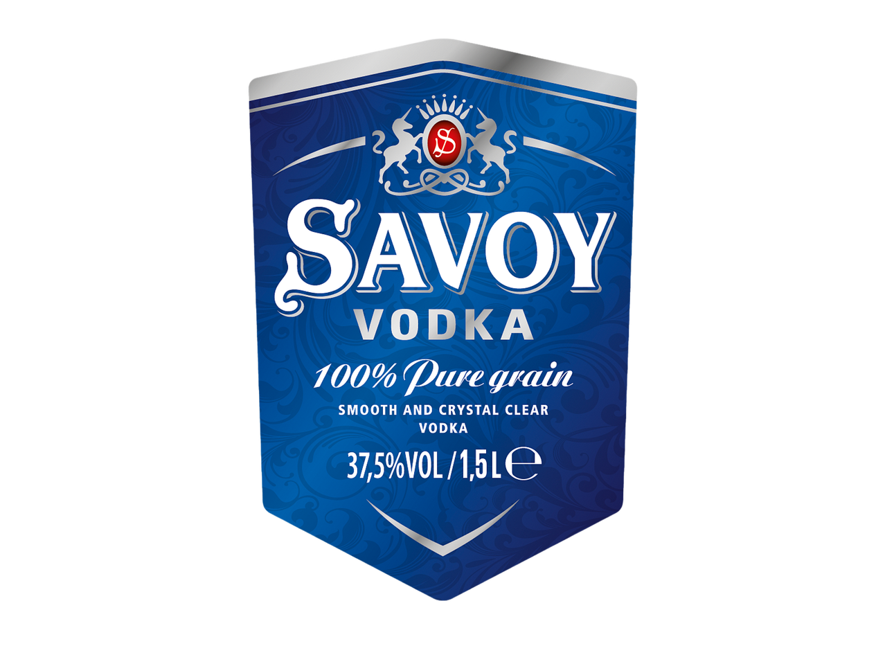 Етикет за водка със син фон, надпис „SAVOY VODKA“ и 37,5% алкохолно съдържание.
