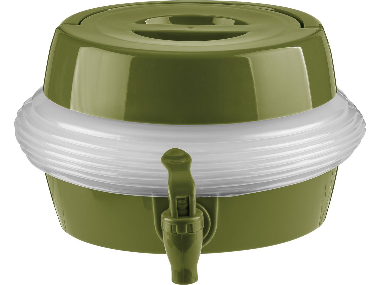 Olive green plastic beverage dispenser with a spigot.