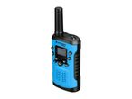 Blue and black walkie-talkie with an antenna, screen, and various buttons