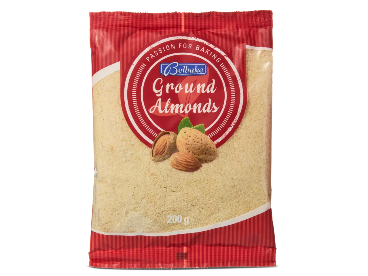 Bellbake gemalen amandelen (200g): Bakken ingrediënt in rode verpakking.