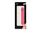 A pink self-adhesive nail file on its packaging.