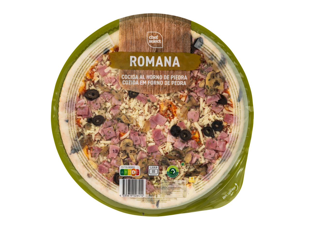 Pizza Romana Chef Select com fiambre, cogumelos, azeitonas e queijo.