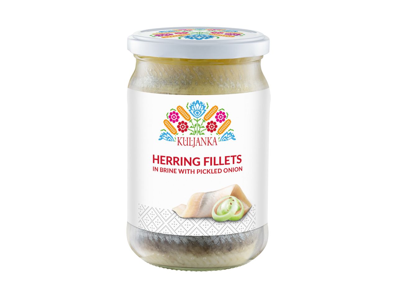 Jar of Kuljanka herring fillets in brine with pickled onion, featuring folk art design