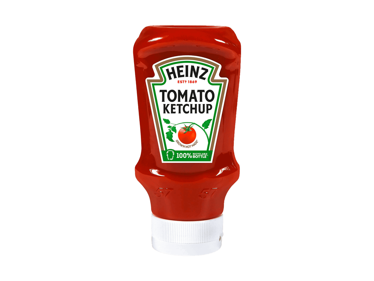 Bouteille de ketchup de tomate avec étiquette indiquant 'Grown Not Made' et '100% Recyclable Bottle'.