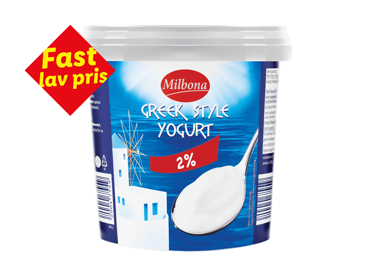 Græsk yoghurt med 2% fedt i en hvid beholder med teksten 'Fast lav pris'.