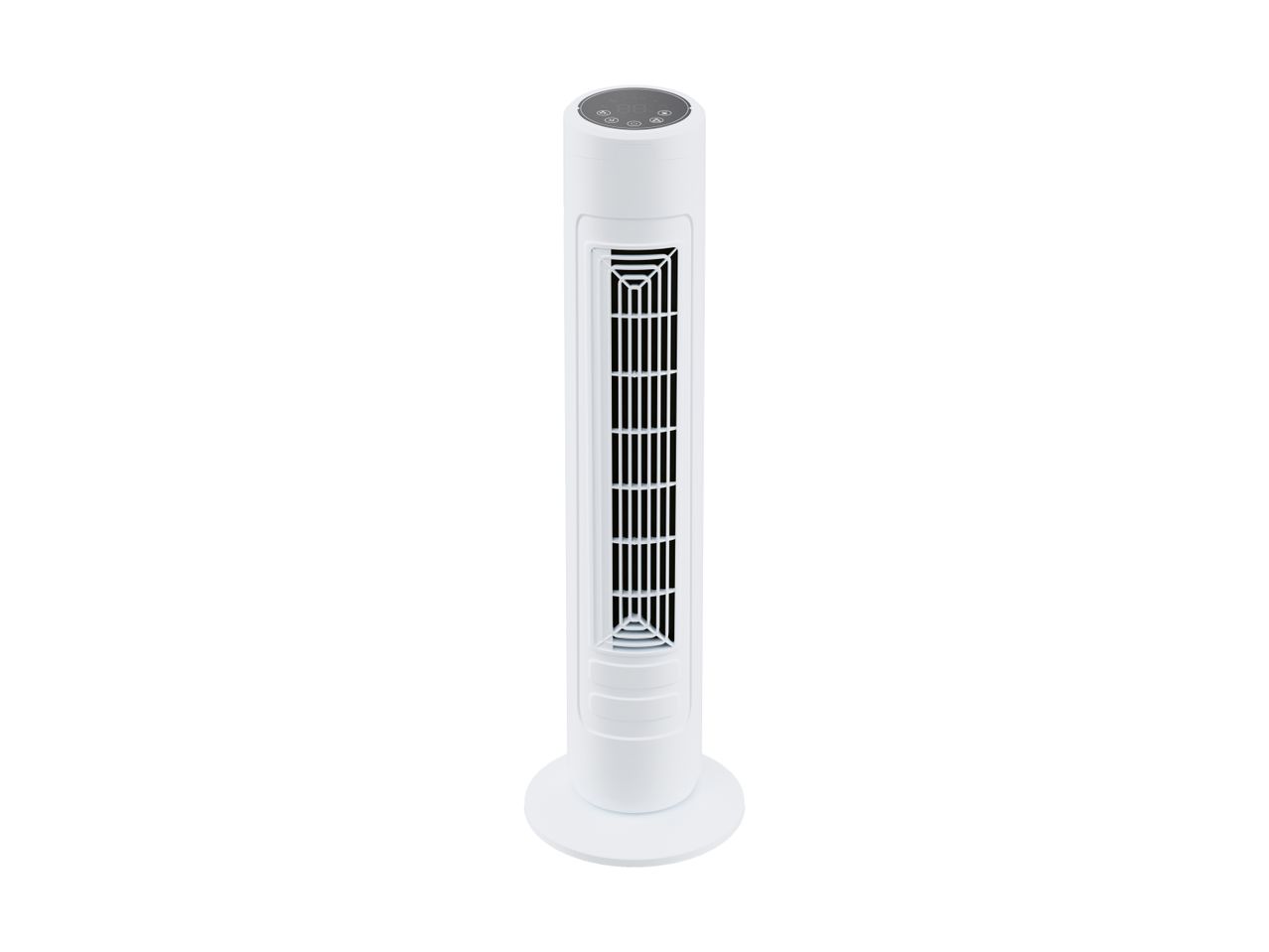 Hvid tårnventilator med digitalt display og kontrolknapper på toppen.