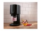Ice cream maker with various settings like ice cream, sorbet, gelato, and milkshake, next to a waffle bowl with raspberry ice cream.