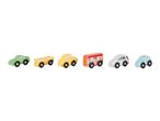 A row of six colorful wooden toy vehicles, including cars, a flatbed truck, and a bus.