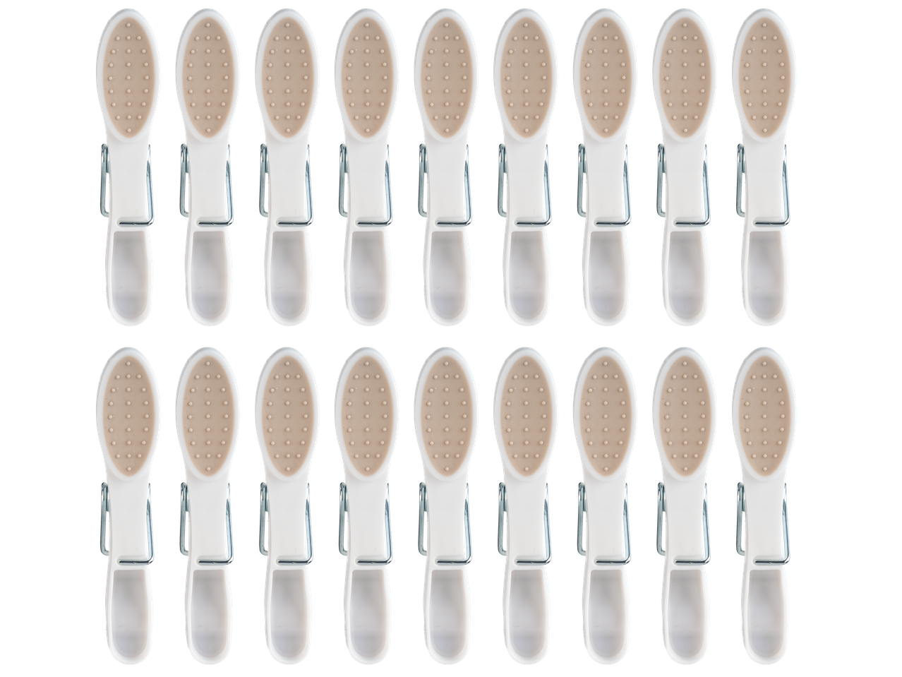 A grid of white clothes pegs with beige non-slip pads on a black background.