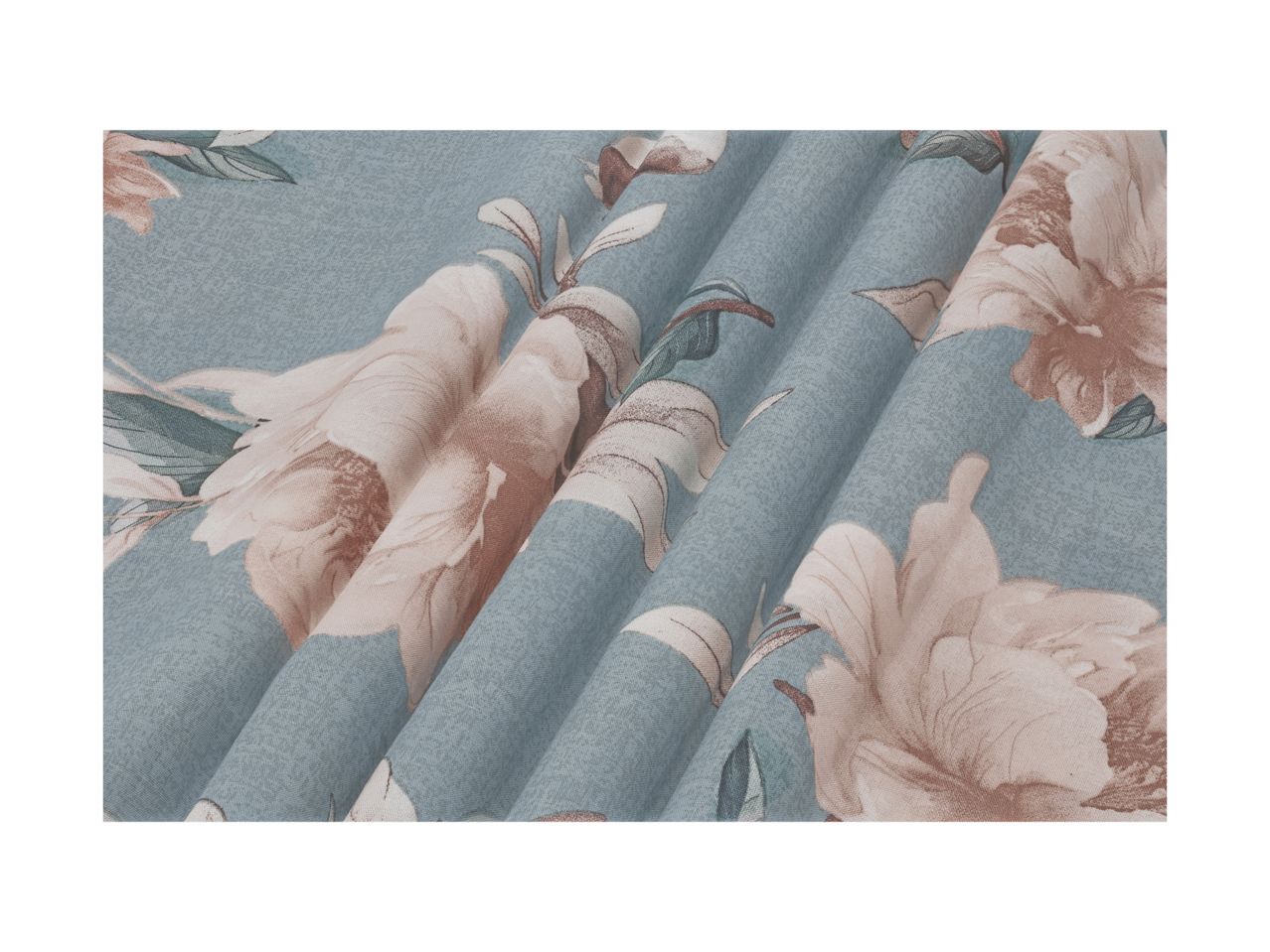 Close-up of a light blue fabric with a floral pattern of large, light pink flowers.