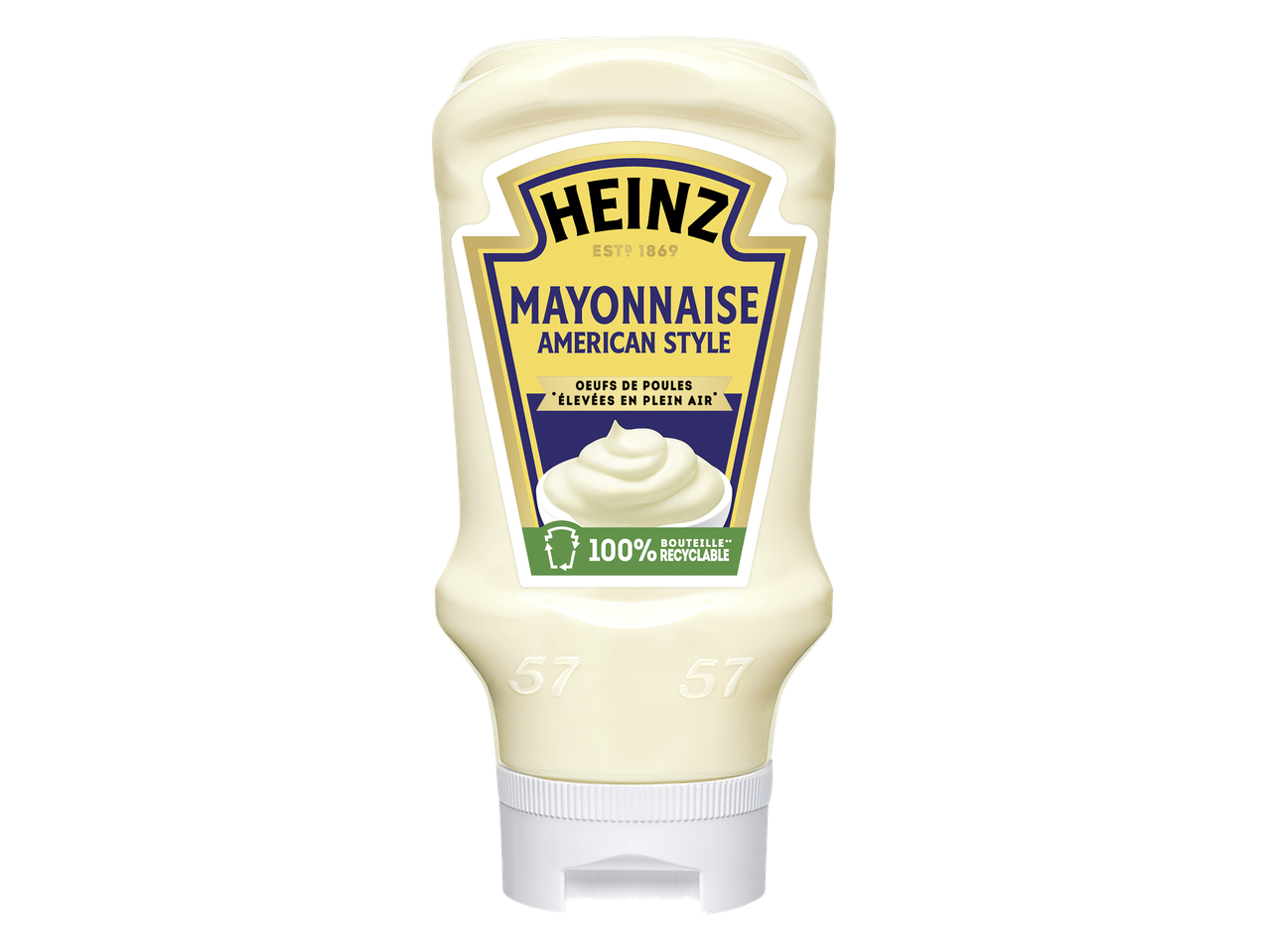 Bouteille de mayonnaise de style américain, fabriquée avec des œufs de poules élevées en plein air et 100% recyclable.