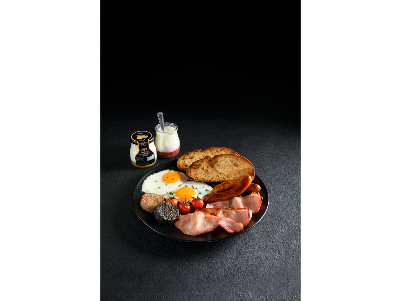 Delicious Irish breakfast with Delish mango & passionfruit yogurt.