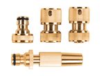 Brass garden hose connectors and spray nozzle on a white background.