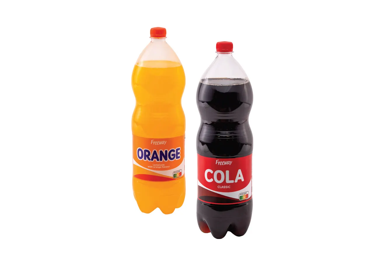 Dve plastične boce gaziranih pića: narandžasta i kola.