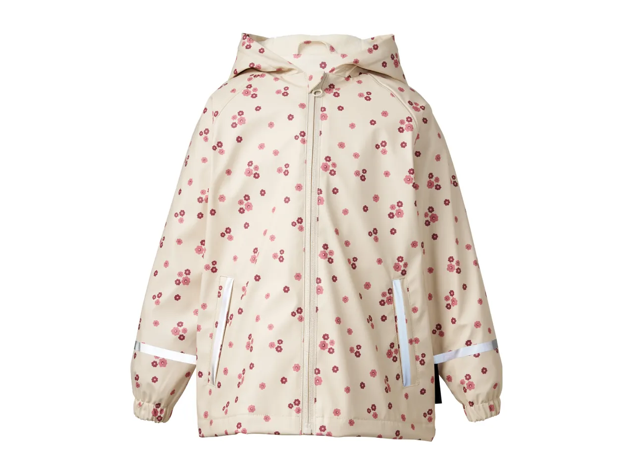 Kids' beige rain jacket with pink floral print, zipper, hood, and reflective details.