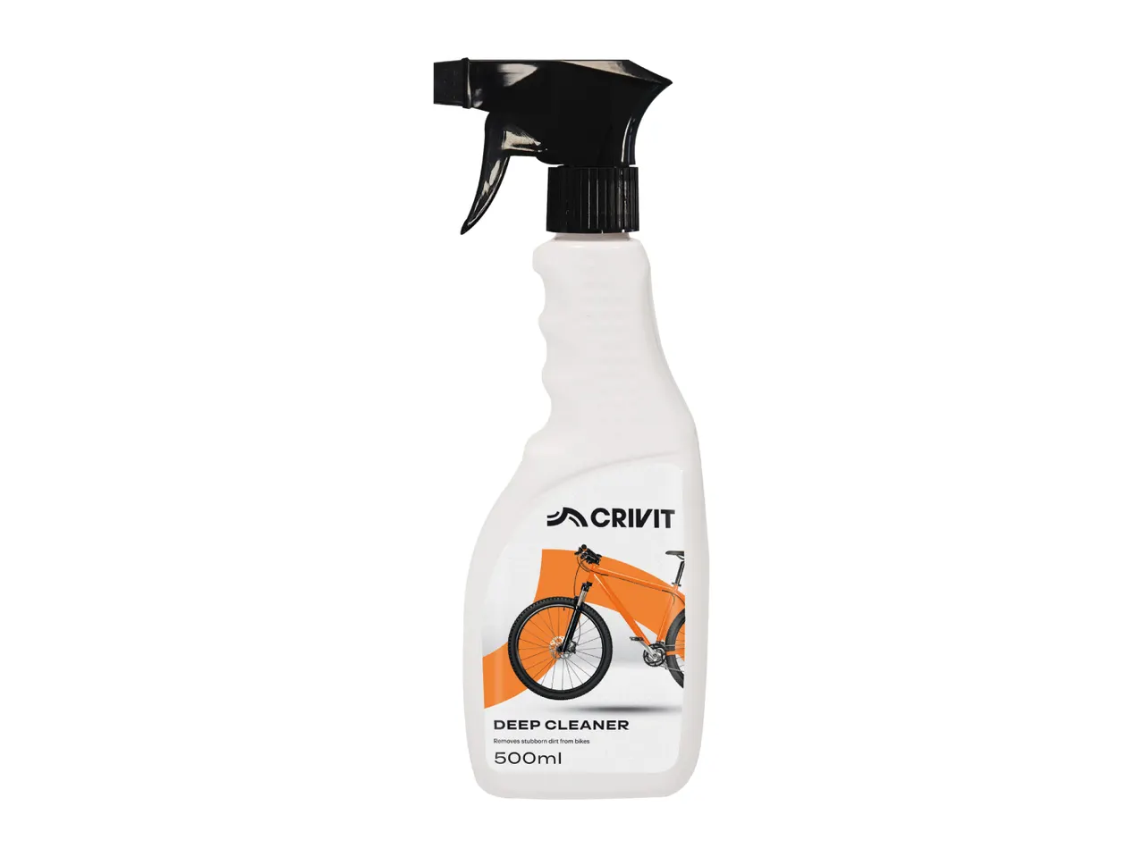 White spray bottle of deep cleaner for bikes with an orange graphic of a bicycle, 500ml.