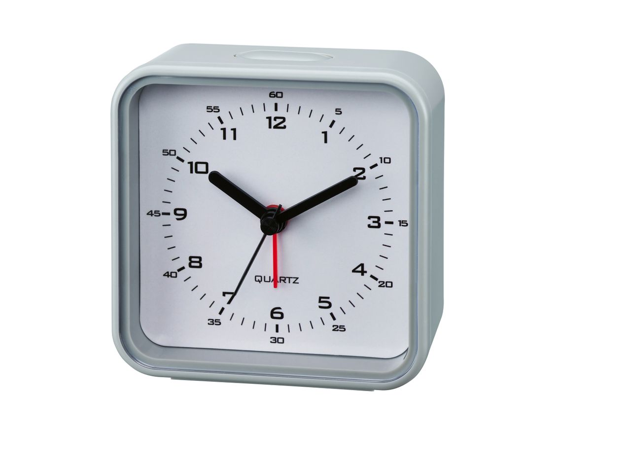 A simple, square analog alarm clock in light gray.