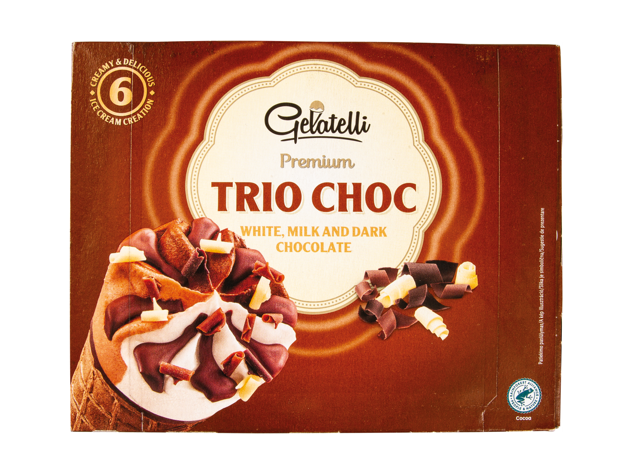 Inghețată Gelatelli Premium Trio Choc cu ciocolată albă, lapte și neagră.