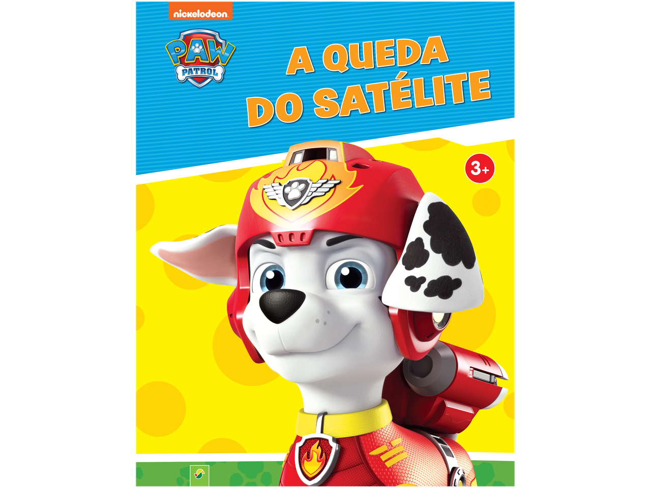 Livro da Patrulha Pata com Marshall de capacete vermelho, texto 'A QUEDA DO SATÉLITE'
