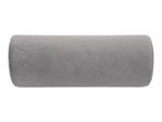 Grey cylindrical bolster pillow with a soft, velvety texture